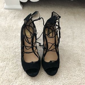 Black suede open toe lace up heels